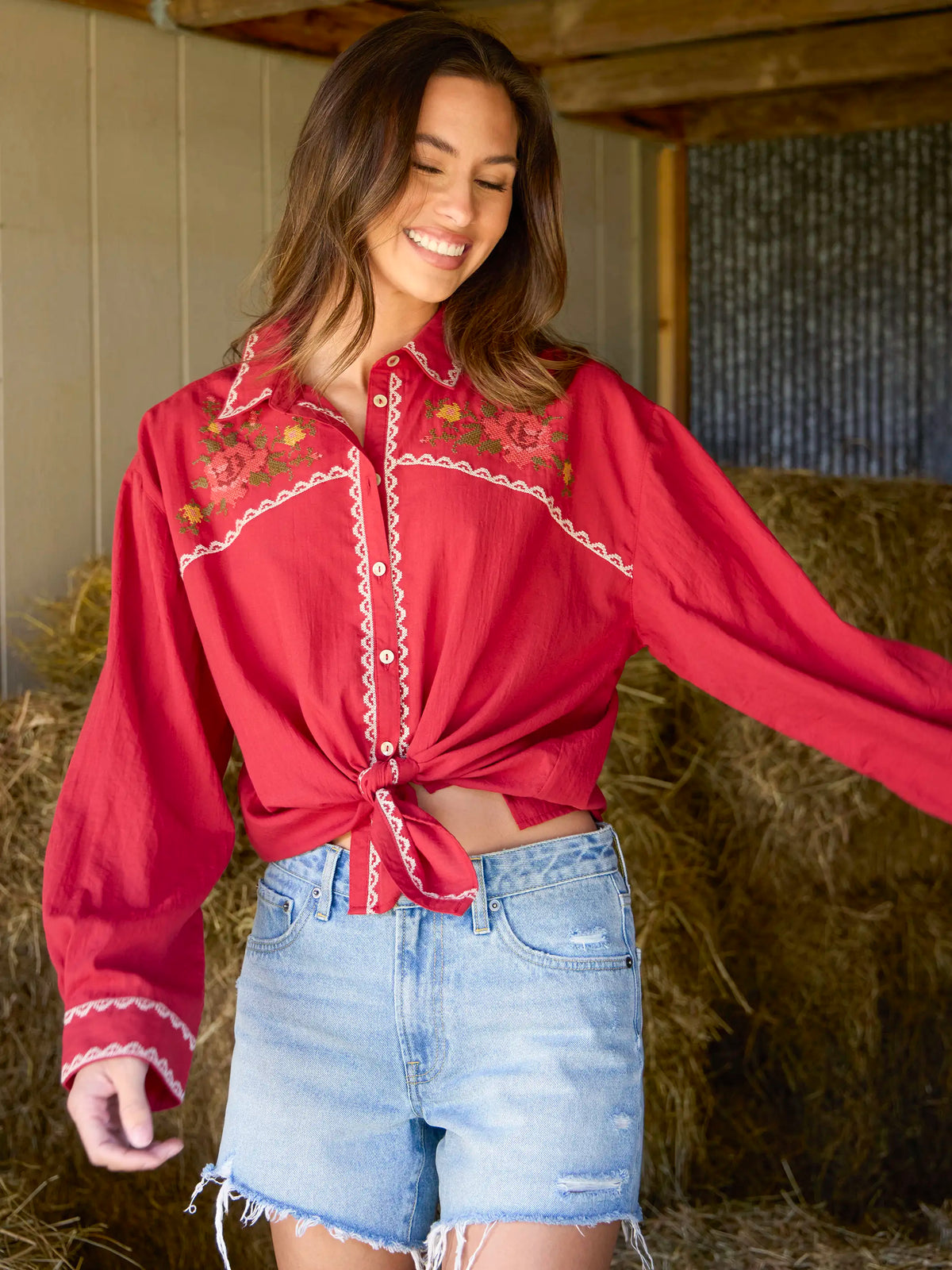 Round Top Embroidered Button Down - Red Clay