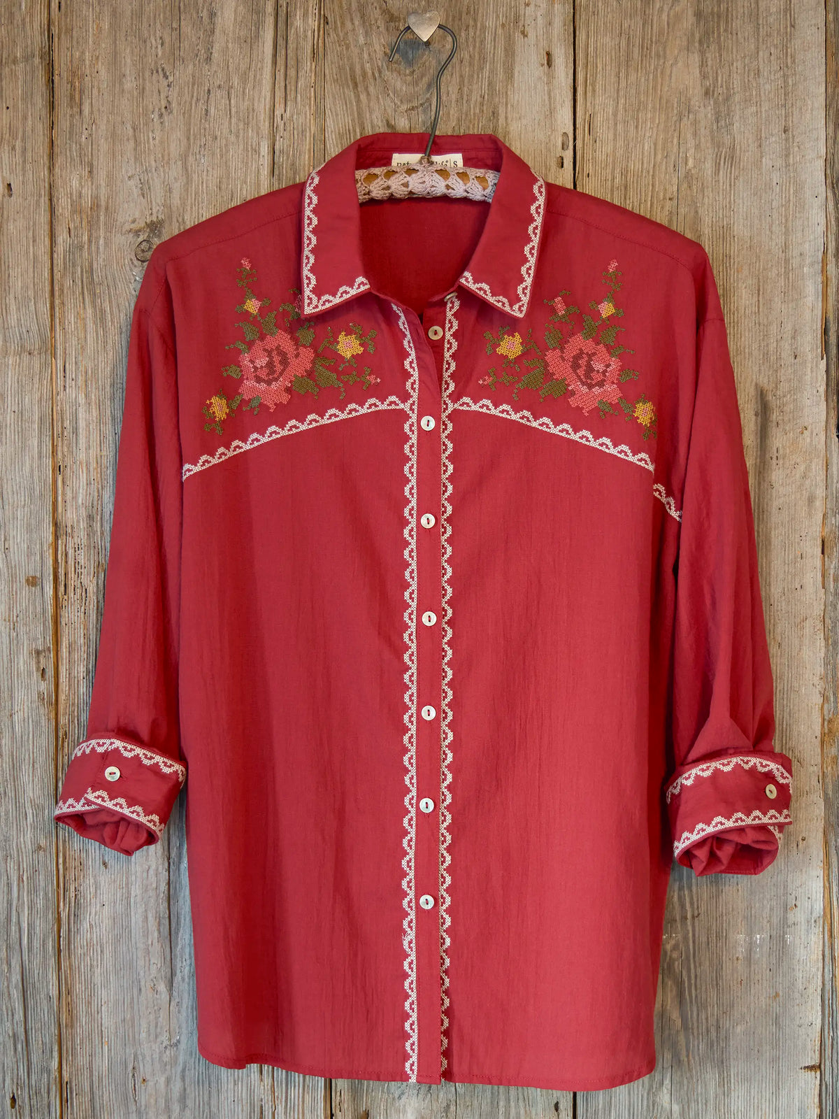Round Top Embroidered Button Down - Red Clay