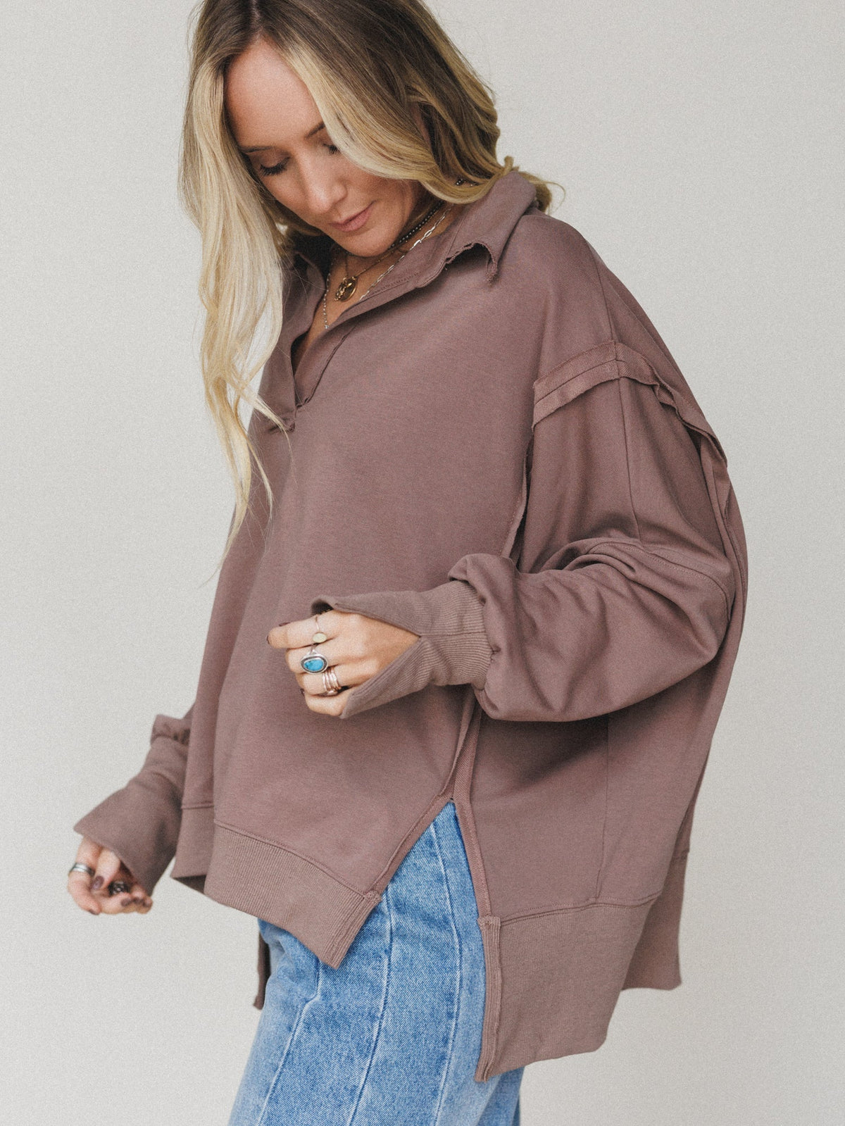 Candace Oversized Collar Sweatshirt - Mocha