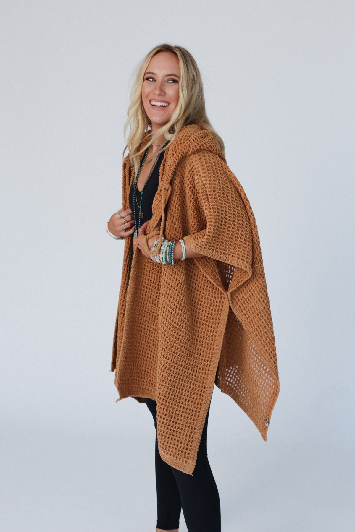 By The River Hooded Waffle Ruana - Camel