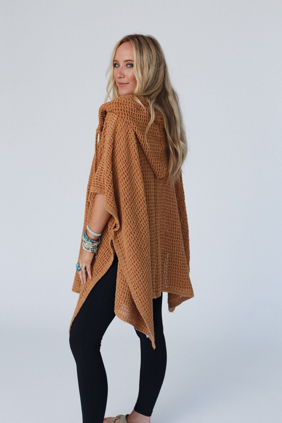 By The River Hooded Waffle Ruana - Camel